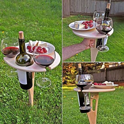 Syfinee Outdoor Portable Wine Table with Foldable Round Desktop Wooden Mini Picnic Table,Easy to Carry
