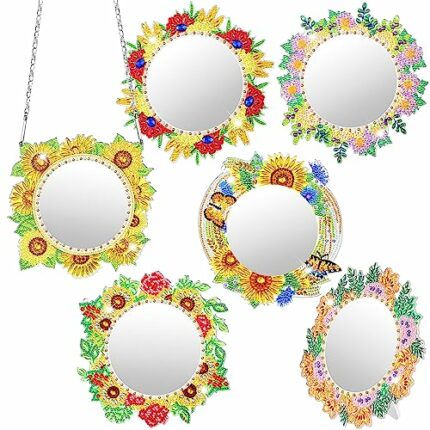 6 Sets Diamond Painting Mirror Diamond Art Makeup Mirror DIY Plate Shaped Crystal Painting Ornaments for Adult Kid Beginner Home Wall Table Decor