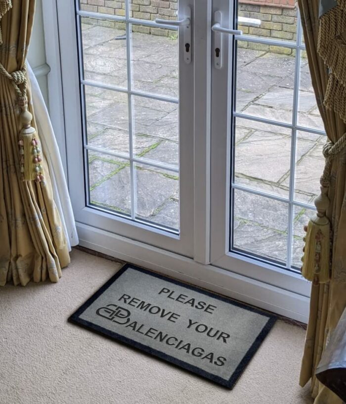 PLEASE REMOVE YOUR BALENCIAGAS signiture Printed Internal Coir Mat, Door Mat Stencilled (Light Grey (Indoor))