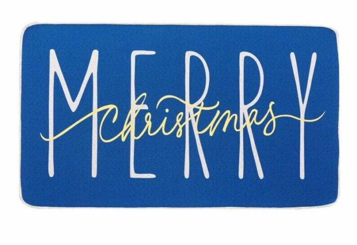ONWAY Merry Christmas Doormat, Blue Gold Winter Seasonal Door Mat Christmas Holiday Low-Profile Floor Rug Switch Mat for Indoor Outdoor 17.5 x 29