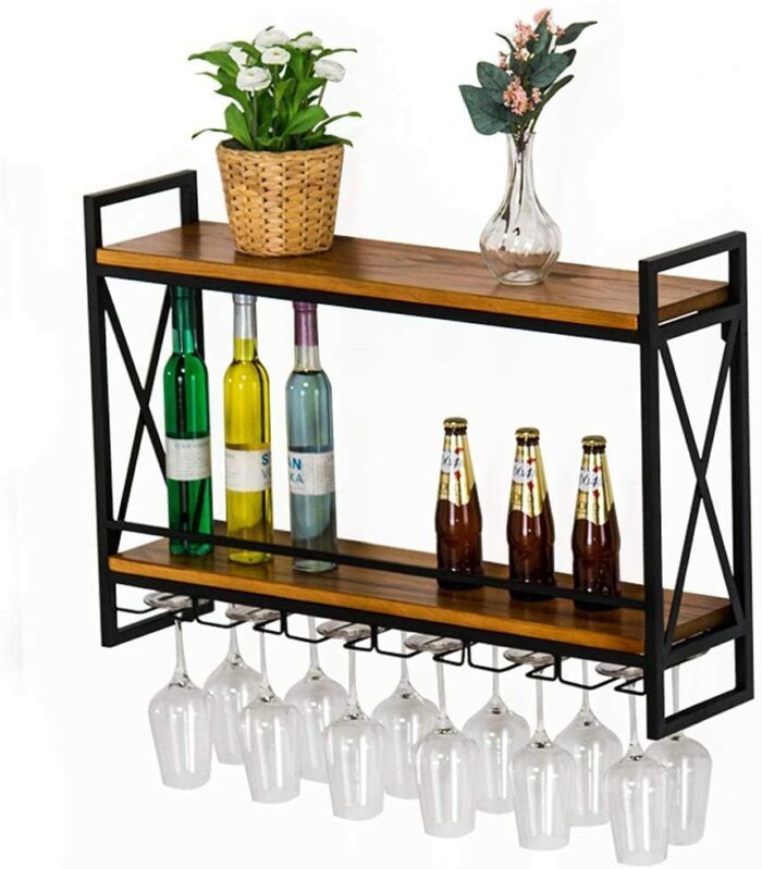 SUCHETA Vintage Wine Rack Wall Shelf For Bar Kitchen, Wall-Mounted 2-Tiers Wall Wine Bottle Rack And Wine Glass Rack, Metal And Wood Rustic Float