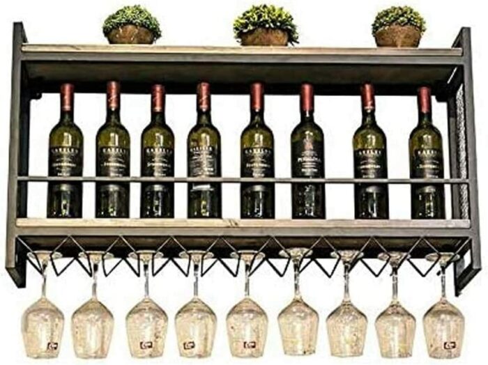 Vintage Wine Racks Wall-Mounted, Kitchen Bar Unit Floating Shelves Rustic Wood Board Wine Bottle Holder Metal Iron Wine Glass Rack Goblet Stemwar