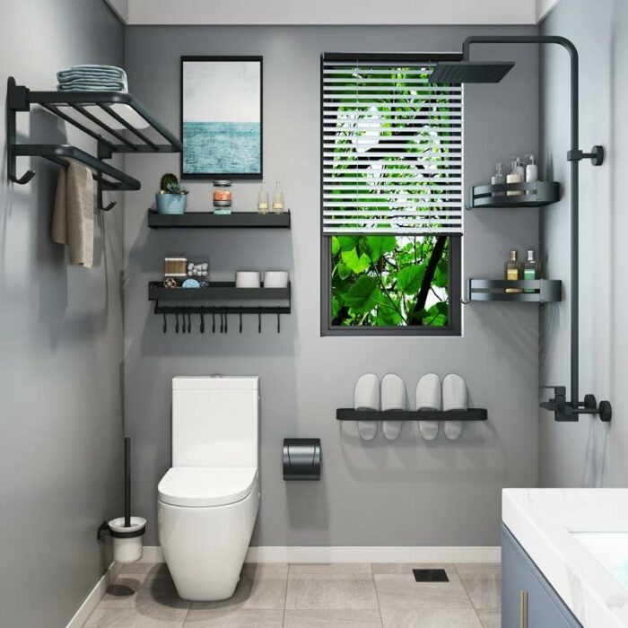 MENES Bathroom Towel Rack, Aluminum Wall Mounted Stainless Steel Self Adhesive Towel Rail, Towel Holder with 2 Towel, with 5 Hooks, for Home Bath