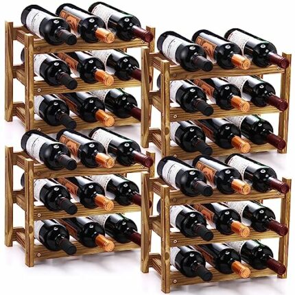 Kigley 4 Pcs Bamboo Wine Rack Countertop 3 Tier 9 Bottle Wine Holder Stand Wine Display Shelf Wine Storage Organizer for Kitchen Cabinet Counter