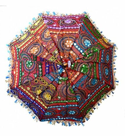 GANESHAM HANDICRAFTS- Indian Decorative Handmade Decorative Cotton Mirror Work Embroidery, UV Protection Umbrella, Sun Umbrella,Boho Parasol Bohe