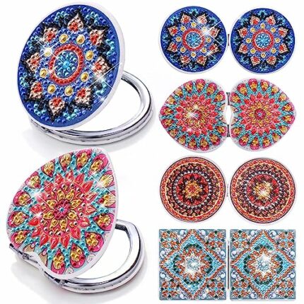 BABORUI 4Pcs Diamond Painting Mirror, Double-Sided Mandala Compact Mirror Diamond Art Kits for Women Girls, Small Travel Makeup Mirror Diamond Pa