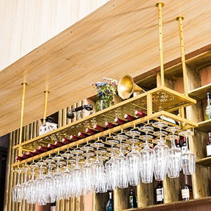 Hanging Wine Rack, Metal Ceiling Bottle Rack, Vintage Display Wine Storage Holder with Stemware Glass Shelf for Under Cabinet, Kitchen, Bar, Adju