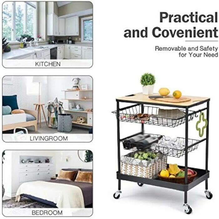 JJZXD Kitchen Island Serving Cart with Utility Wood Tabletop, 4-Tier Rolling Storage Cart with 2 Basket Drawers