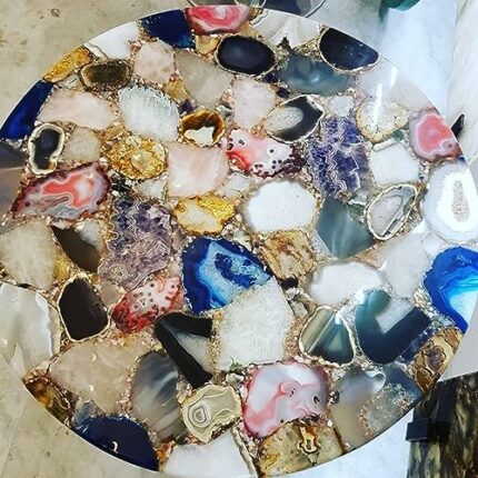 Gifts And Artefacts 42 x 42 Inches Resin Art with Multicolor Agate Gemstone Dining Table Top Round Shape Marble Kitchen Table for Home Furniture