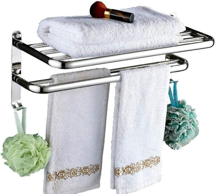 Stainless Steel Towel Rack Bathroom Wall Mounted Storage Shelf with Double Towel Bar and Hook One-piece Thick Towel Rail 47.5CM (Size : 57.5CM)