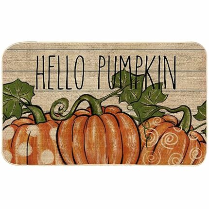 AnyDesign Hello Pumpkin Doormat Rustic Fall Front Door Mat with Anti-Slip Rubber Back Watercolor Autumn Pumpkin Floor Mat Rug for Thanksgiving Ha