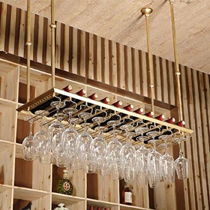 EYLINK Wine Racks,Hanging with Glass Holder and Shelf, Adjustable Metal Ceiling Bar Wine Glass Rack, Industrial Wall Mounted Wine Glass Rack