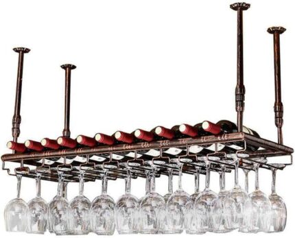 Wine racks Home/Bar Retro with Stemware Holder | Wall Mounted Hanging Metal Wine Bottle Stand | Vintage Industrial Wine Glasses Shelf, Adjustable