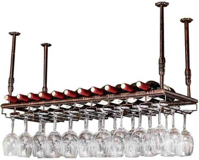 Wine racks Home/Bar Retro with Stemware Holder | Wall Mounted Hanging Metal Wine Bottle Stand | Vintage Industrial Wine Glasses Shelf, Adjustable