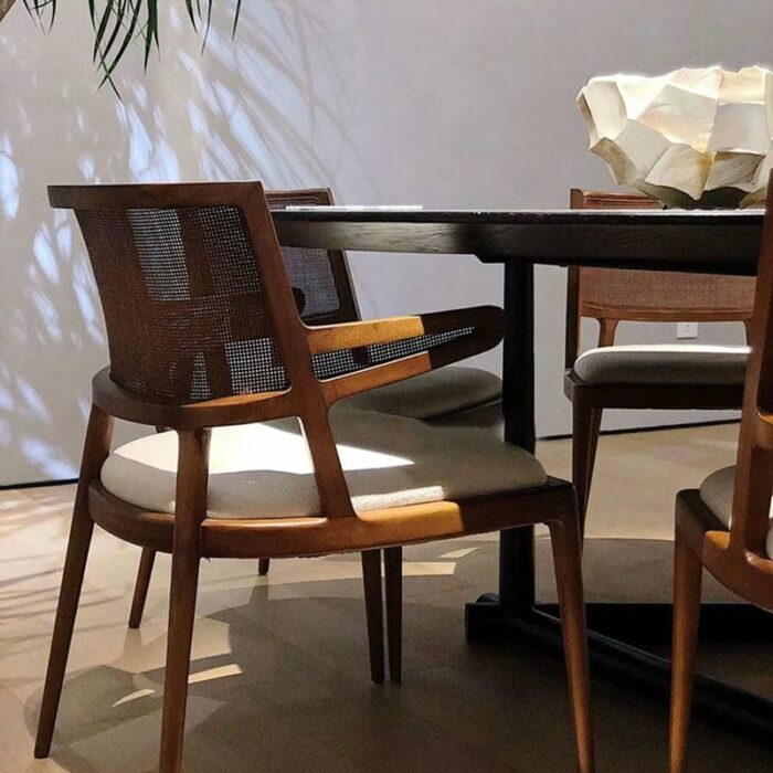 WALNUT Retro Dining Room Furniture With Armrests Backrest Chair Solid Wood Dining Stool Woven Rattan Chair