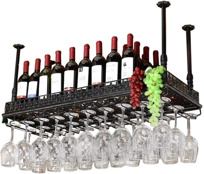 Qunine Wine Rack Bar Wine Glass Rack, Hanging Upside Down Front Iron Racks, Lighted Ceiling Stemware Rack, Wine Rack Wine Cabinet (Black 100 * 35