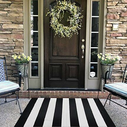 CAINANEL Black and White Striped Outdoor Rug 27.5X 43 inches Front Door Mat Hand-Woven Cotton Indoor/Outdoor for Layered Door Mats,Welcome Door M