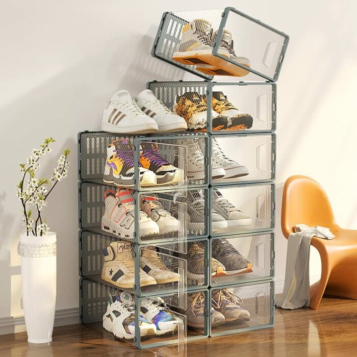 Senhill 6 Pack Shoe Boxes Stackable Shoes Storage ABS Plastic Clear Shoe Organizer Shoes Case Shoes Cabinet Shoe Holder Clamshell Drawer Shoe Box