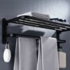 Towel Rail Wall Mounted Black 2 Tier Towel Holders for Bathrooms, 60 cm Towel Rack With 2 Hooks Aluminum Tea Towel Holders, Dual Rod Towel Shelve