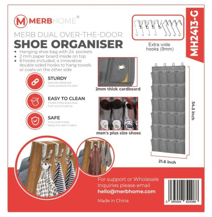 MERB HOME door Shoe Storage Organizer with 24 large pockets! 8 hooks included! 4 regular hooks and four special double-sided hooks for hanging co