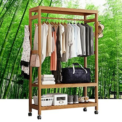Clothes rack bamboo coat rack with wheels, 2 shelves and 2 hooks, coat rack, for bedroom office hallway