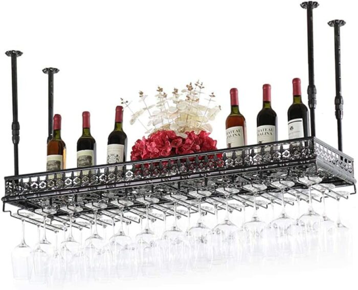 Wine racks Home/Bar Retro Metal Vintage with Glass Holder, Wall Mounted Hanging Wine Bottle Holder, Adjustable Industry Wine Shelf, for Cabinet B