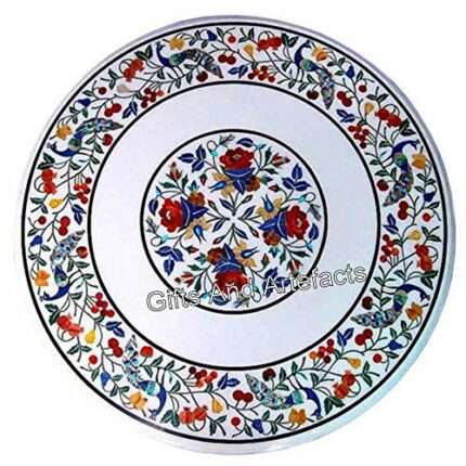 Gifts And Artefacts 36 x 36 Inches Beautiful Design Inlay Work Dining Table Top Round Shape White Marble Kitchen Table for Home Furniture Decor