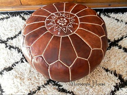 Moroccan Pouffe | Beautiful Handmade Genuine Leather Footstool Cover from Morocco | Dark Brown With White Stitch | Comes Unfilled (TOBACCO BROWN)