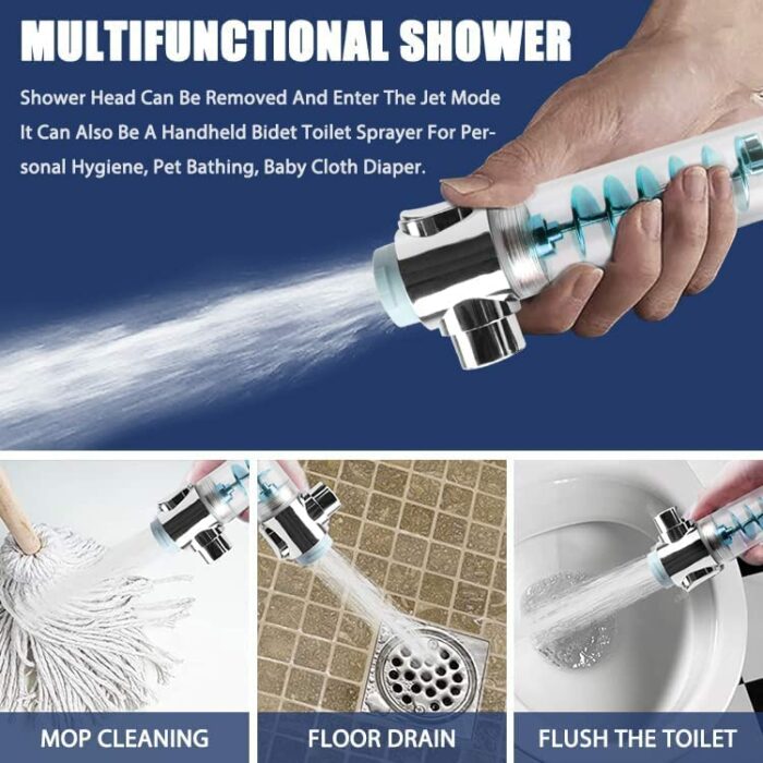 Shower Head and Hose 2M, Universal Shower Heads to Increase High Pressure, Handheld Shower Head with Twin Turbo Fan/Pause Switch/360° Rotating, W