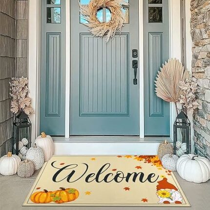 Ileading Fall Welcome Door Mat 32” x 48” Non Slip Indoor Entrance Mat Washable Autumn Maple Leaf Doomat Thanksgiving Pumpkin Floor Mat Doormat fo