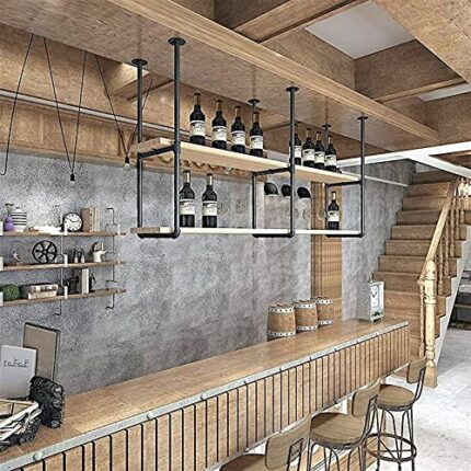 EYLINK Ceiling Shelf Wrought Iron Vintage Solid Wood Hanging Wine Rack/Storage Rack/Wine Bottle Rack,2Cm Solid Wood Board,Super Load-Bearing Home
