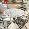 Waterproof Round Elastic Edged Tablecloth, Red Flower 90-110cm Fitted Flannel Backed Table Cover Stain Resistant Oil-proof PVC Wipeable Table Pro