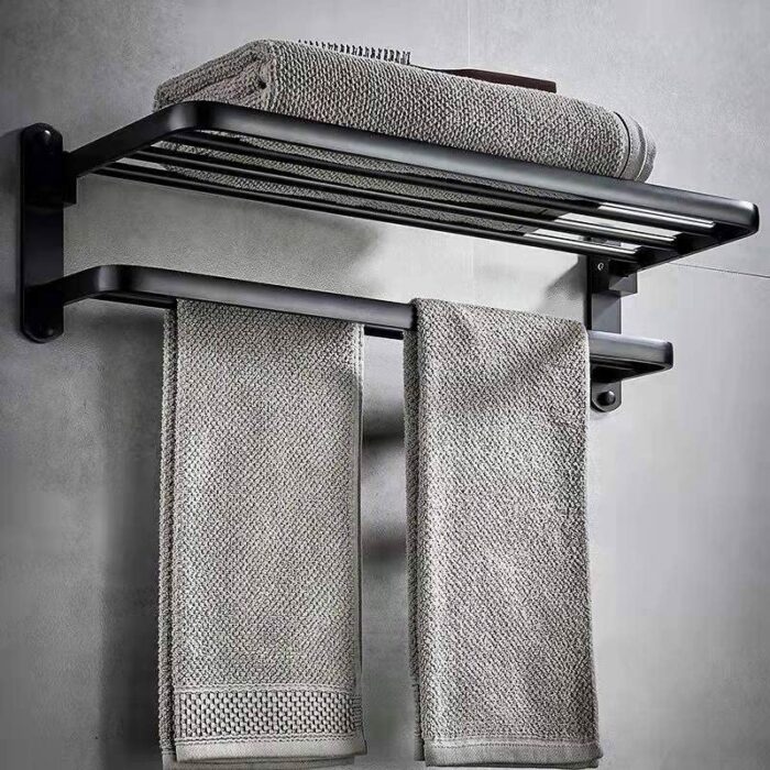 BYONGCHO Towel Rack for Bathroom and Lavatory, Towel Holder 24 inches Towel Shelf Wall Mount with Two Towel Bars Foldable Towel Holder, Bathroom