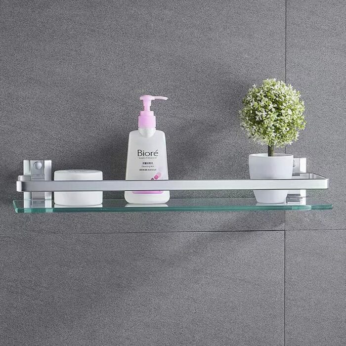 Melairy Bathroom Glass Shelf Tempered Glass Rectangular Extra Thick Aluminum Silver Sand Sprayed Wall Mounted 25CM