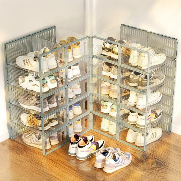 Senhill 6 Pack Shoe Boxes Stackable Shoes Storage ABS Plastic Clear Shoe Organizer Shoes Case Shoes Cabinet Shoe Holder Clamshell Drawer Shoe Box