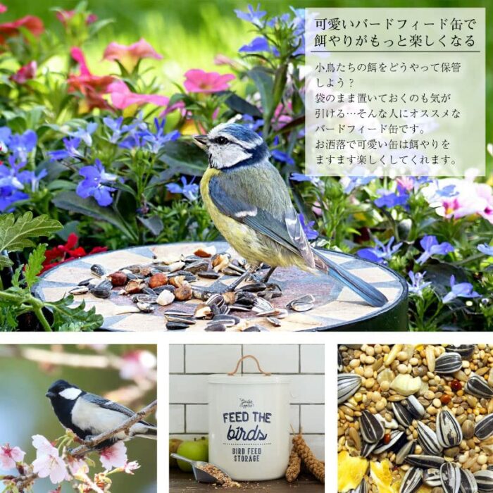 Burgon & Ball Tin Bird Food Storage, 25 cm Height x 18 cm Diameter, Stone Cream & Leather Handled Seed Packets Storage Tin, Atlantic Blue