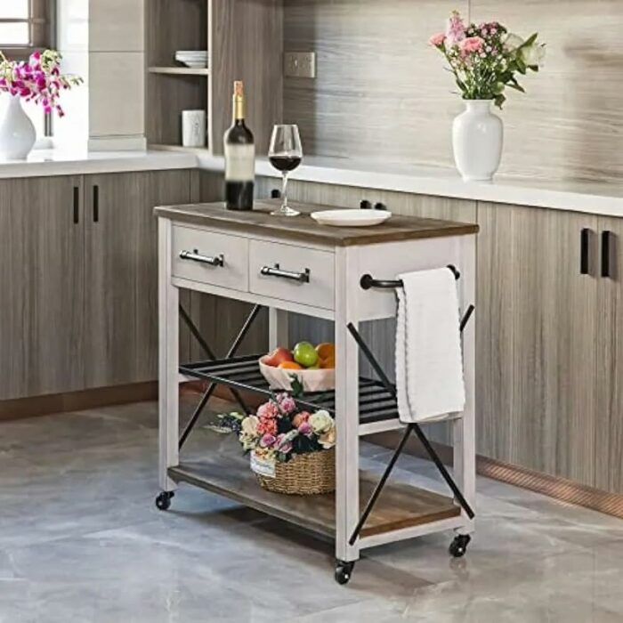 GRETD Brown Kitchen Cart, Coffee Bar And Microwave Stand, Island On Wheels With Storage, Wood And Metal