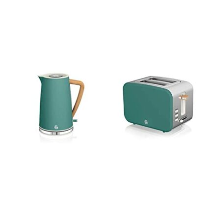Swan Nordic Jug Kettle, 1.7 Litre, Pine Green, Rapid Boil, 3kw, SK14610GREN & Nordic 2 Slice Toaster, Green, 900W, Soft Touch and Matte Finish, 6