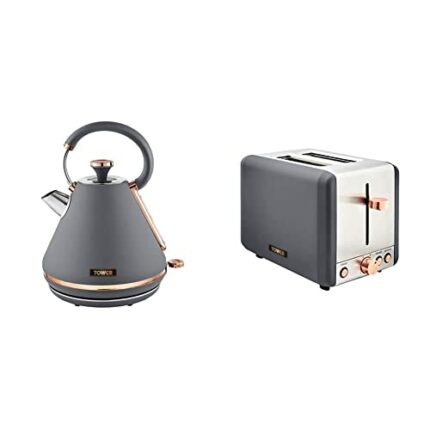 Tower T10044RGG Cavaletto Pyramid Kettle with Fast Boil, Grey and Rose Gold & T20036RGG Cavaletto 2-Slice Toaster with Defrost/Reheat, Stainless