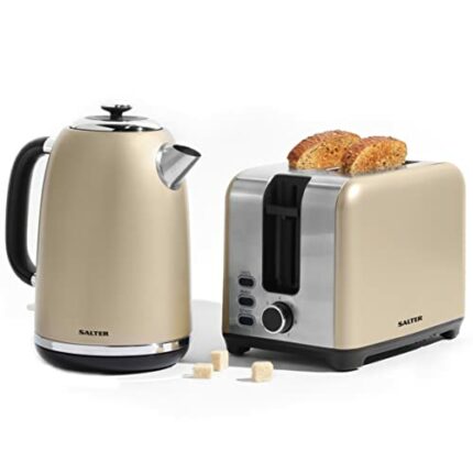 Salter COMBO-7995 Kettle & Toaster Set – Gold 1.7L Fast Boil Kettle, Electric 2-Slice Toaster, 360° Swivel Base, Pull Off Lid, 7 Browning Levels,