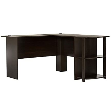 DSHGDJF L-Shaped Wood Right-angle Computer Desk Computer Table Home Office Table with Two-layer Bookshelves Dark Brown