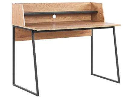 Beliani Home Office Desk with Shelf Storage 120 x 59 cm MDF Light Wood Black Gorus