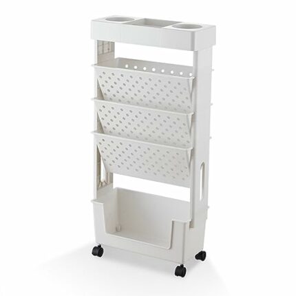 Albnegru 5-Tier Mobile Bookshelf with Wheels, Slim Rolling Storage Cart Movable Bookshelf File Storage with Pen Holder for Home, Office, and Scho