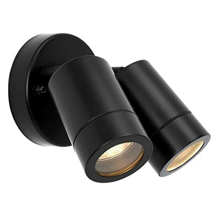 Palin IP44 Rated Outdoor Twin Spotlights, Matt Black Steel Adjustable Tilt Outside Lights, Mains Powered Security Spot Lights, 2X 7W 240V LED GU1