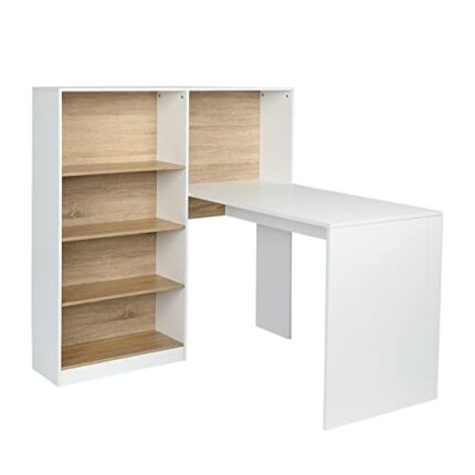 WALNUT Office Desk Computer Desk Laptop Study Desk L Shape Desk with 4 Tiers Bookshelf Home Office Workstation (Color : A)