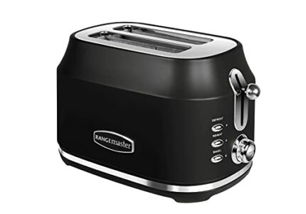 Rangemaster RMCL2S201BK Classic Black 1kW 2 Slice Toaster with Defrost, Cancel & Reheat Functions, Removable Crumb Tray & 6 Power Levels with 3 Y