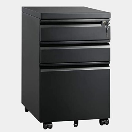 HUATOL 3 Drawer Mobile File Cabinet,Under Desk Metal Filing Cabinet with Lock and Wheels, Black Filing Cabinets for Home Office, Legal Letter A4