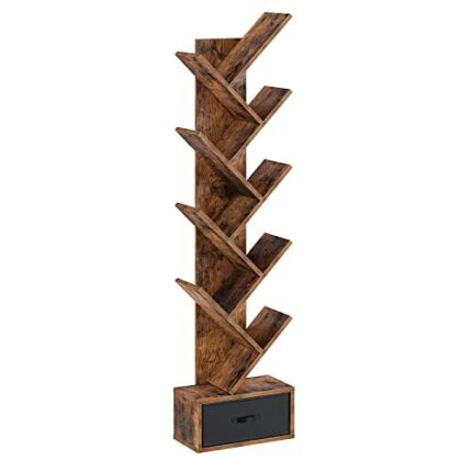 Rolanstar Tree Bookshelf Bookcase with Drawer, Floor Standing Tree Bookcase, Bookshelves Storage Rack for CDs/Movies/Books, Utility Organizer She