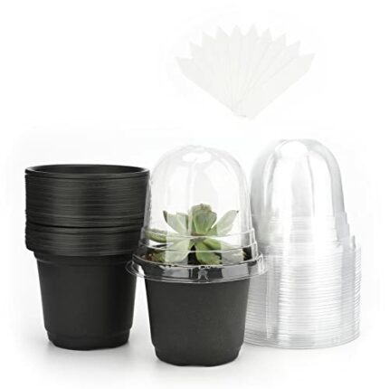 KINGLAKE 32 Pcs 10cm Black Plastic Plant Pots with Humidity Dome, Small Plant Flower Pots Nursery Seedling Pots for Seed, Cuttings, Succulents an