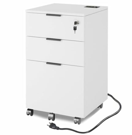 GOSROMS 3 Drawer File Cabinet with Lock & Charging Station, Wooden Move File Cabinet with Wheels, for Home Office, A4/Letter Size Files Under Des